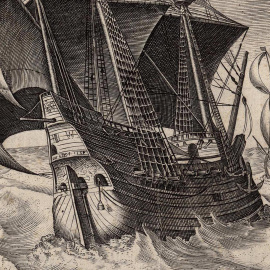 Barco de guerra con hombre ahogado. Frans Huys/Biblioteca Nacional de España, CC BY