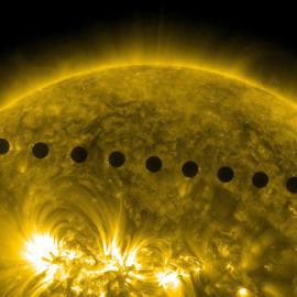 Los días 5 y 6 de junio de 2012, el Observatorio de Dinámica Solar de la NASA recogió imágenes de uno de los eventos solares más raros: el tránsito de Venus a través de la faz del Sol. NASA/SDO, AIA