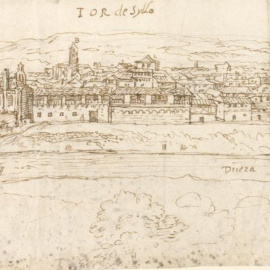Vista panorámica de Tordesillas (1565-7), de Anton van den Wyngaerde. Victoria and Albert Museum, London