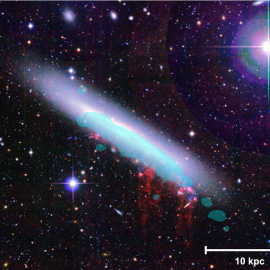 Imagen de la galaxia espiral NGC 4330, perteneciente al Cúmulo de Virgo. El gas caliente despresurizado se muestra en rojo, mientras que la capa azul representa el gas apto para la formación de nuevas estrellas. Fossatie et al. (2018)