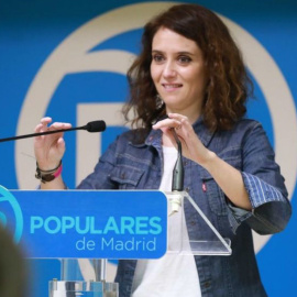 Isabel Díaz Ayuso, en la sede del PP de Madrid, 1ª planta de la sede nacional de la calle Génova