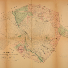 El Extrarradio, con su superficie coloreada. La periferia exterior a estas zonas sería desatendida. Fuente: Nuñez Granés, P. (1910). Proyecto para la urbanización del Extrarradio, Imprenta Municipal. Archivo de la Villa de Madrid, 66-334-34.