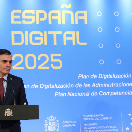  El presidente del Gobierno, Pedro Sánchez, durante la presentación del Plan Nacional de Competencias Digitales, el Plan de Digitalización de Pymes 2021-2025 y el Plan de Digitalización de las Administraciones Públicas, en el Palacio de la Moncloa. F