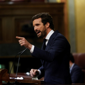  El líder del PP, Pablo Casado, interviene este miércoles en el Pleno del Congreso.- EFE