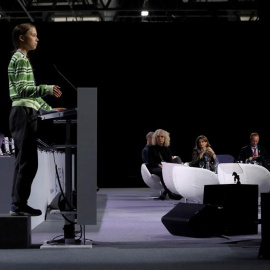 La activista sueca Greta Thunberg interviene durante el plenario de la Cumbre Climática, en Madrid. EFE/J.J. Guillén
