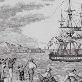  El María Pita partiendo del puerto de A Coruña en 1803 (grabado de Francisco Pérez). Wikimedia Commons / Francisco Pérez