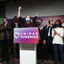 El líder de Unidas Podemos y candidato a la presidencia de la Comunidad de Madrid, Pablo Iglesias, comparece ante los medios hoy martes en la sede del partido, en Madrid, tras conocer los resultados de las elecciones autonómicas. EFE/Kiko Huesca