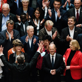  El candidato socialdemócrata alemán Olaf Scholz durante un acto de su partido en la campaña alemana.- EFE