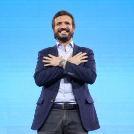 El presidente del PP, Pablo Casado, en el cierre de campaña para las elecciones de Castilla y León del 13F, en Valladolid. EUROPA PRESS/Photogenic/Claudia Alba