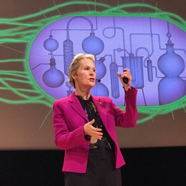  Frances Arnold durante su conferencia de aceptación del Premio Nobel de Química en 2018. Arnold Group, CC BY-SA
