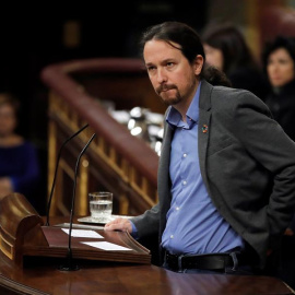 El líder de unidas Podemos, Pablo iglesias, durante su intervención en la segunda y definitiva votación para investir presidente del Gobierno al candidato socialista, Pedro Sánchez. EFE/Juan Carlos Hidalgo