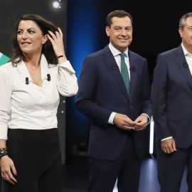 (De izq a dcha) La candidata de Vox, Macarena Olona, el presidente de la Junta de Andalucía y candidato del PP a la reelección, Juanma Moreno, y el candidato socialista, Juan Espadas, durante el primer debate electoral de cara a las elecciones autonómi