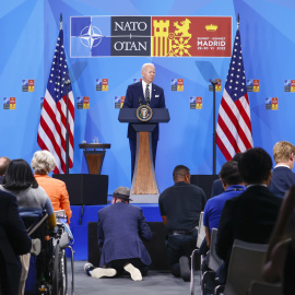 El presidente de los Estados Unidos, Joe Biden, durante la rueda de prensa ofrecida al finalizar la cumbre de la OTAN en Madrid. EFE/J.J. Guillén