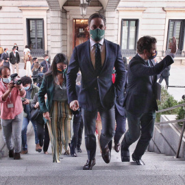 El presidente de Vox, Santiago Abascal, a su llegada al Congreso para registrar su moción de censura contra Pedro Sánchez. E.P./E. Parra/Pool