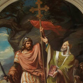 'Don Pelayo en Covadonga', obra de Luis de Madrazo y Kuntz, de 1855, que se halla en la basílica de Covadonga. 150 años después, el pintor Ferrer Dalmau recupera en un cuadro el mito fundacional de la Reconquista
