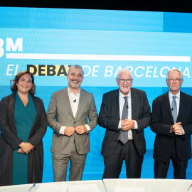La alcaldesa de Barcelona y candidata a la reelección, Ada Colau; el candidato del PSC a la alcaldía de Bacelona, Jaume Collboni; el candidato de ERC a la alcaldía de Barcelona; Ernest Maragall, y el candidato de JxCat, Xavier Trias, antes de un debate
