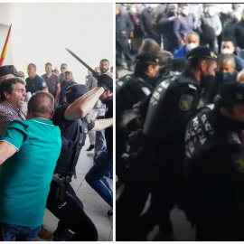  A la izquierda, decenas de manifestantes intentan entrar a la fuerza en la Delegación Territorial de la Junta de Castilla y León en Salamanca durante una concentración de ganaderos, a 5 de junio de 2023, en Salamanca, Castilla y León (España) (EUROP