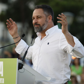Santiago Abascal (Vox) cierra la campaña electoral con un mitin en la plaza de Colón, en Madrid. / Juanjo Martín (EFE)