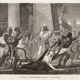  Grabado de 1865 que ilustra el asalto contra Hipatia. Wikimedia Commons