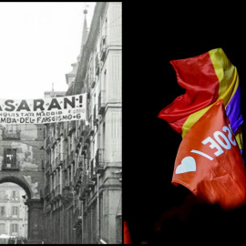  A la izquierda, la Plaza Mayor de Madrid con el lema 'No Pasarán' y, a la derecha, una imagen de Ferraz del pasado domingo (Europa Press)