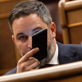El líder de VOX, Santiago Abascal, con el teléfono móvil durante una sesión plenaria, en el Congreso de los Diputados. EUROPA PRESS/Eduardo Parra