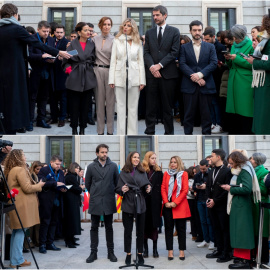 La vicepresidenta segunda y ministra de Trabajo, Yolanda Díaz, con el resto de ministros de Sumar (arriba), y la secretaria general de Podemos, Ione Belarra, con los diputados de su partido (abajo), atienden a los medios a su llegada al acto por el Día 