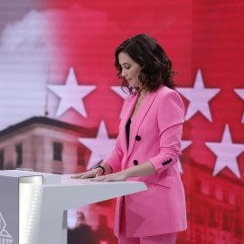  La candidata del Partido Popular a la presidencia de la Comunidad de Madrid, Isabel Díaz Ayuso, durante el debate electoral celebrado este martes en la sede de Telemadrid, en Pozuelo de Alarcón. EFE/Juanjo Martín