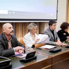  Txema Guijarro, Yolanda Díaz, Iñigo Errejón y  Aina Vidal, durante una reunión del Grupo Parlamentario Sumar, en el Congreso de los Diputados, a 21 de febrero de 2024, en Madrid (España).- A. Pérez Meca / Europa Press