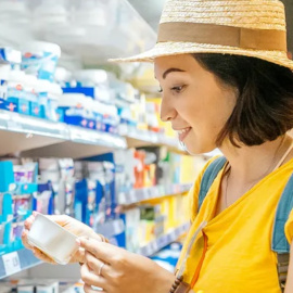 Mujer observa un recipiente en un supermercado