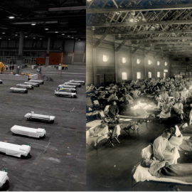 A la izquierda, hospital de campaña instalado en IFEMA, Madrid, que recibió pacientes de COVID-19 entre el 21 de marzo y el 1 de mayo de 2020. A la derecha, hospital de emergencia instalado en Camp Funston, Kansas, en 1918. RTVE / Otis Historical Archiv