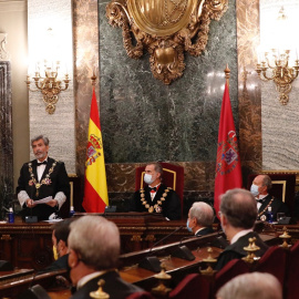 Intervención del presidente del Tribunal Supremo y del Consejo General del Poder Judicial, Carlos Lesmes, durante el acto de apertura del Año Judicial 2020-21, en presencia del rey Felipe VI, la fiscal general del Estado, Dolores Delgado y el ministro d