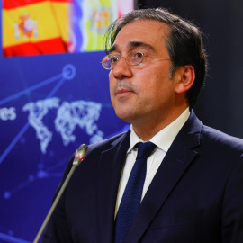  El ministro de Asuntos Exteriores, Unión Europea y Cooperación, José Manuel Albares, durante la rueda de prensa ofrecida tras el almuerzo con la ministra de Asuntos Exteriores del Principado de Andorra, María Ubach, hoy en Madrid. EFE/ Zipi