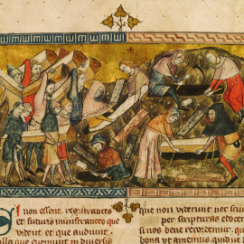 El pueblo de Tournai entierra a las víctimas de la Peste Negra. Miniatura de Pierart dou Tielt que ilustra una obra de Gilles li Muisit (Tournai, c. 1353). KIK-IRPA, Bruselas