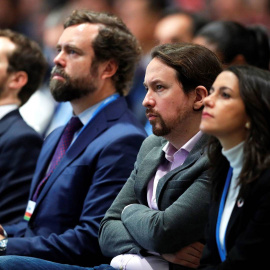 Pablo Casado (PP), Iván Espinosa de los Monteros (Vox), Pablo Iglesias (Podemos), e Inés Arrimadas (Ciudadanos), durante la ceremonia de apertura de la 25 Conferencia de las Partes del Convenio Marco de Naciones Unidas sobre Cambio Climático (COP), en 