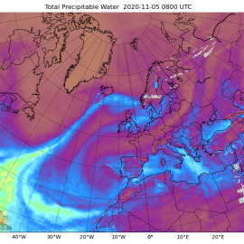 Imagen de satélite donde se observa un río atmosférico que atraviesa el Atlántico en dirección a Islandia. MIMIC-TPW v2, Author provided