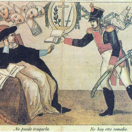 Grabado que representa el “trágala”; canción burlona que cantaban los liberales a los absolutistas y que hacía referencia a la Constitución de 1812.