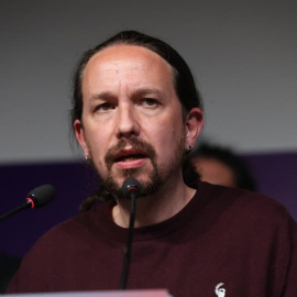 El líder de Podemos, Pablo Iglesias, tras las elecciones en Madrid en la sede de su partido. — Kiko Huesca / EFE