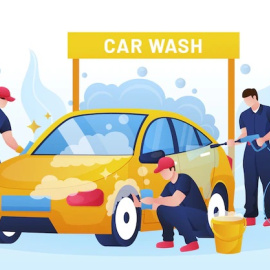 Una ilustración muestra a un grupo de personas lavando un coche