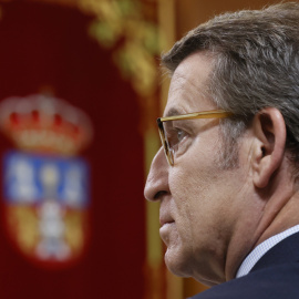 Alberto Núñez Feijóo durante la toma de posesión de Alfonso Rueda como presidente de la Xunta de Galicia. EFE/ Lavandeira Jr