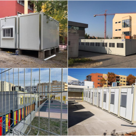 Barracones dispuestos como aulas en colegios públicos de la Comunidad de Madrid. MÁS MADRID