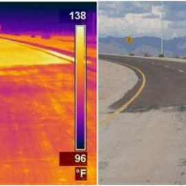  Imágenes infrarrojas térmicas (izquierda) y normales (derecha) de una carretera con segmentos claros y oscuros. La imagen infrarroja muestra que el segmento de claro (parte inferior) está aproximadamente 17°C más fría que el segmento oscuro (parte 