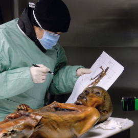  Un científico examina la momia de Ötzi. © South Tyrol Museum of Archaeology/EURAC/Samadelli/Staschitz