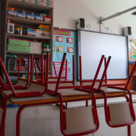  Mesas y sillas apoyadas en el aula. -Archivo