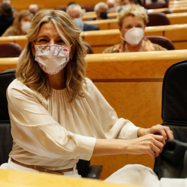 La ministra de Trabajo, Yolanda Díaz, durante la sesión de control al Gobierno celebrada por el pleno del Senado, este martes en Madrid.- EFE/ Mariscal