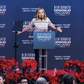  La primera ministra de Italia, Giorgia Meloni, habla durante el festival político anual Atreju 2023, organizado por Fratelli d' Italia.- Lapresse / Roberto Monaldo / LaPre / DPA