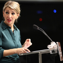 La vicepresidenta segunda del Gobierno y ministra de Trabajo, Yolanda Díaz, en un acto en la sede de su Departamento. E.P./Marta Fernández 