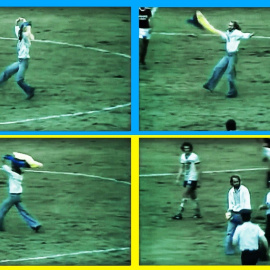  Montaje fotográfico con los colores de la bandera ucraniana y varias imágenes del joven Danylo Myhal bailando un hopak y exhibiendo la enseña prohibida de su país en los Juegos de Montreal | Fuente: amazing-ukraine.com