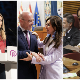  A la izquierda, la presidenta del PP de Extremadura, María Guardiola; en el centro, el portavoz político de Vox, Jorge Buxadé y la nueva presidenta del Parlamento de Aragón en la XI Legislatura, Marta Fernández Martín; a la derecha, la nueva presid