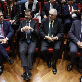 El ministro de Justicia, Félix Bolaños, el presidente del TC, Cándido Conde-Pumpido, el presidente del CGPJ, Vicente Guilarte, y el fiscal general del Estado, Álvaro García Ortiz, este 15 de diciembre de 2023 en Madrid. Juan Carlos Hidalgo / EFE