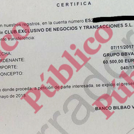 Fragmento de uno de los certificados emitidos por el BBVA sobre los ingresos de 60.500 euros en la cuenta corriente del excomisario Villarejo.